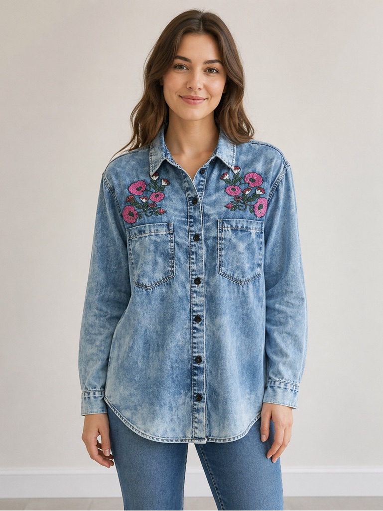 Thrill - Blue - Embroidered Denim Button Up Shirt - M